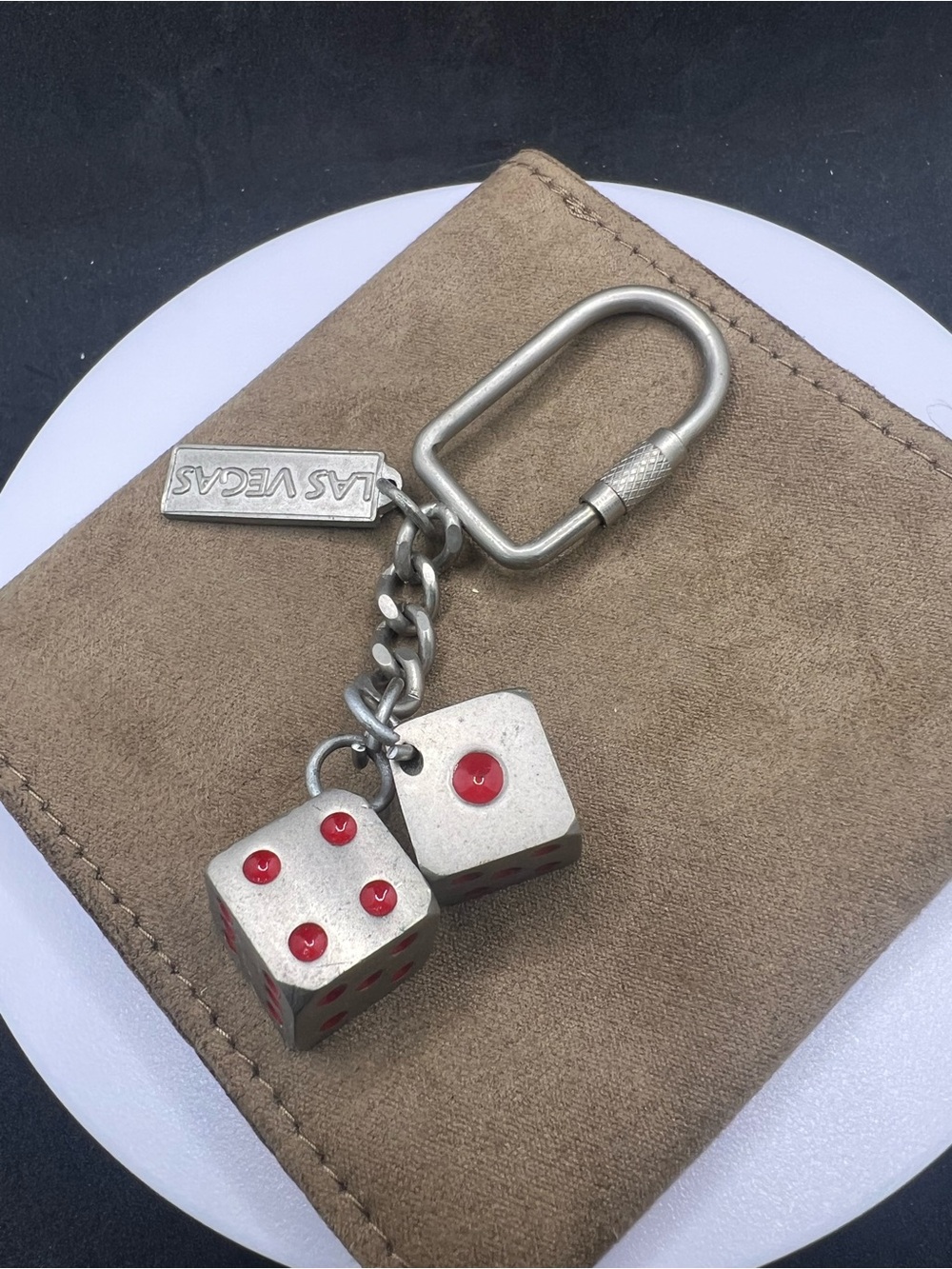 Silver-Tone Dice Keychain with Red Accents
